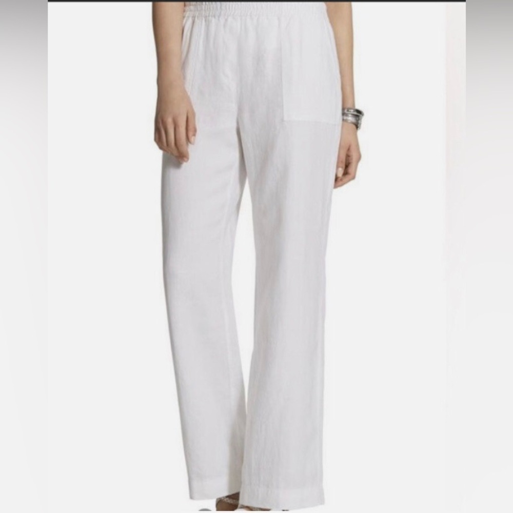 Chico’s Women’s White Linen Pull On Wide Leg Elastic Waist Pants Sz M